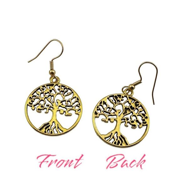 Tree of Life Earrings Gold Plated French Hook Ear Wires - Picture 2 of 6